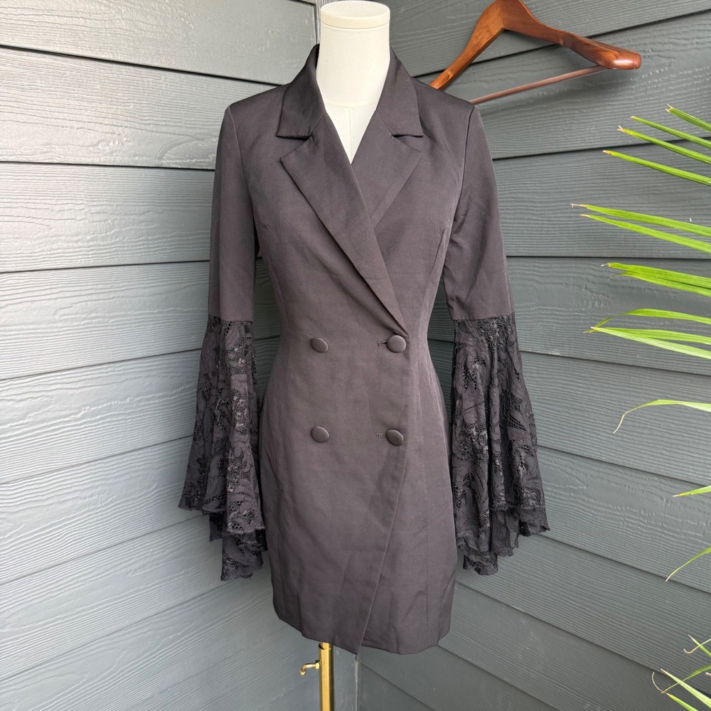 Blithe‎ Black Blazer Dress Lace Bell Sleeve Double Breasted Mini Women's S